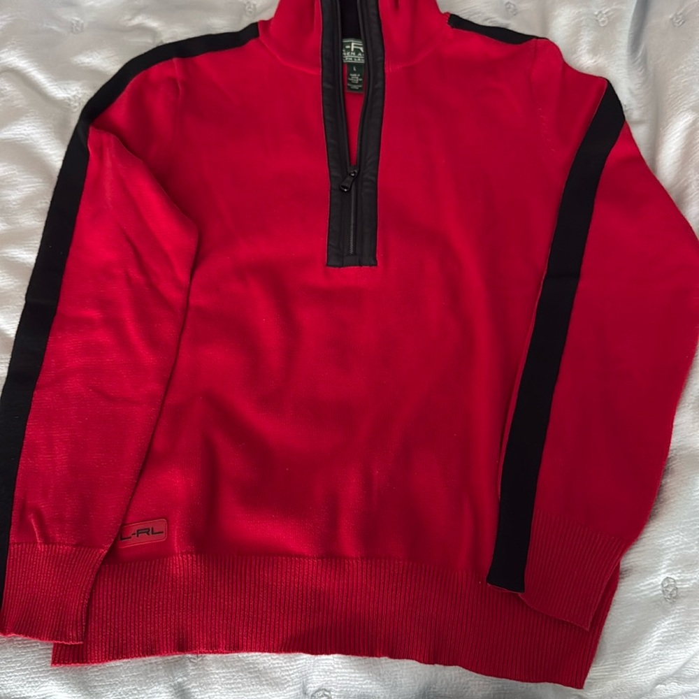 Ralph Lauren partial zip red cotton sweater w/black stripe down sleeve Size L